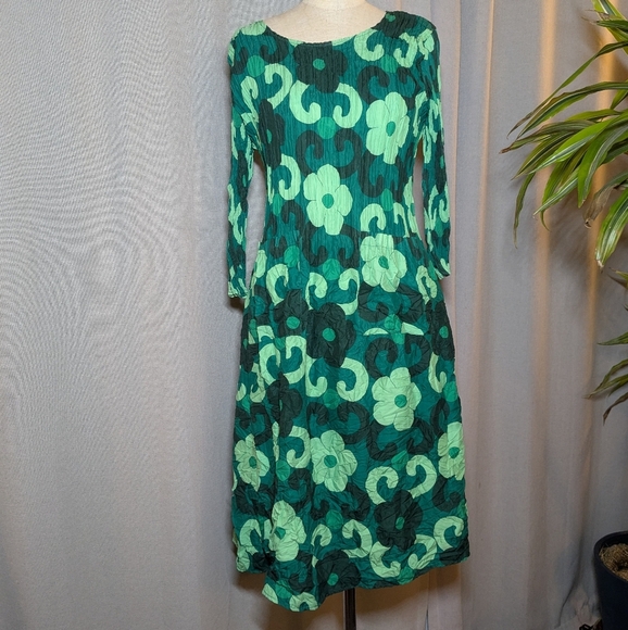 Alquema Green Smash Pocket Dress Midi  Crinkle Long Sleeve Floral Print 0 Small - Picture 12 of 12